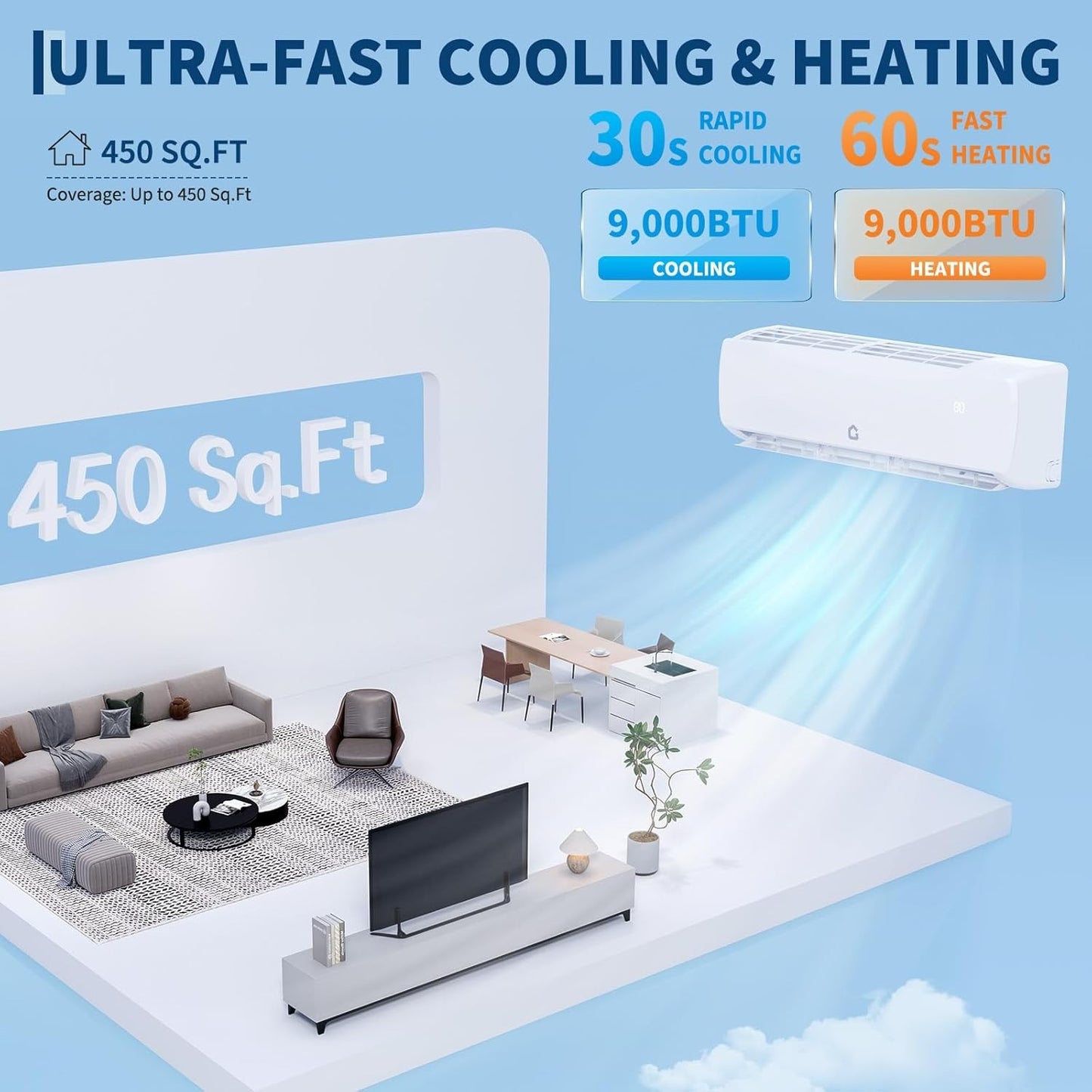 Sistema de Ar Condicionado/Aquecimento Mini Split de 9.000 BTU, 19 SEER, Bomba de Calor Sem Ductos, com Controle Remoto, para até 42 m²