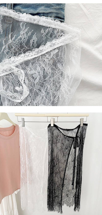 Midi Skirts Women Lace Drawstring Design Elegant Korean Style Spring Summer A-line High Waist Irregular Side Slit Fashion Street