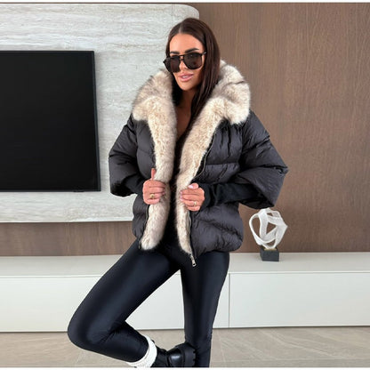Vintage Women's Fur Coat Elegant Furs Collar Puffer Thicken Full Sleeve Jacket With Furs Female 2025 Autumn Winter Woman Coats