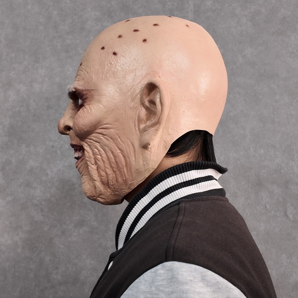 Realistic Wrinkled Old Man Horror Mask Scary Bald Head Halloween Costume Cosplay Prop Haunted House Party Accessory