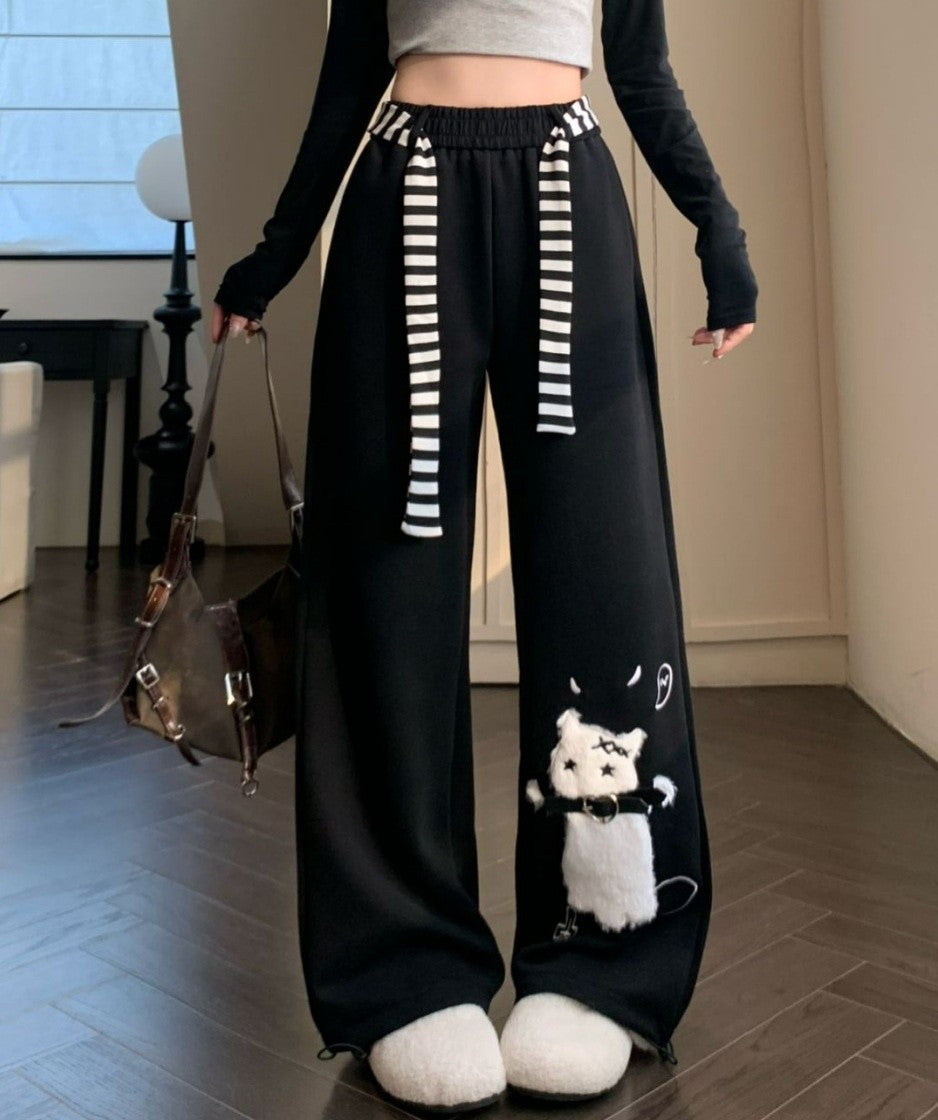 Cat Sweatpants Women Black Wide Leg Cute Casual Pants American Lazy Loose Fit Streetwear Spring Summer Trendy Unisex Outfit New