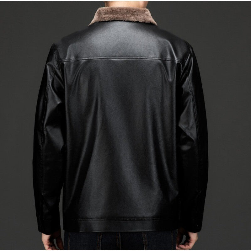Men's Autumn and Winter Long Sleeved Leather Jacket with Fleece Collar for Warmth and Fashion Leather Jacket Men