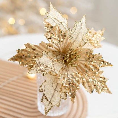 Gold Simulation Christmas Flower Christmas Tree Decorative Flower 20cm Sequin Velvet Ecoration