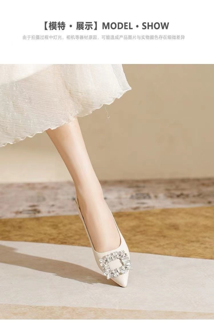 Women's Elegant Black Mid Block Heels Pumps with Crystal Rhinestone Pointed Toe Dress Shoes