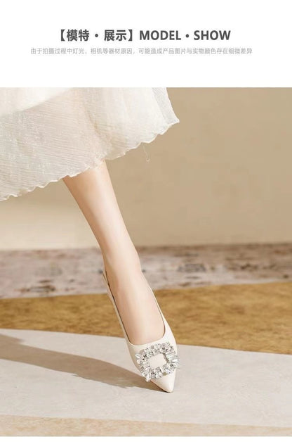 Women's Elegant Black Mid Block Heels Pumps with Crystal Rhinestone Pointed Toe Dress Shoes