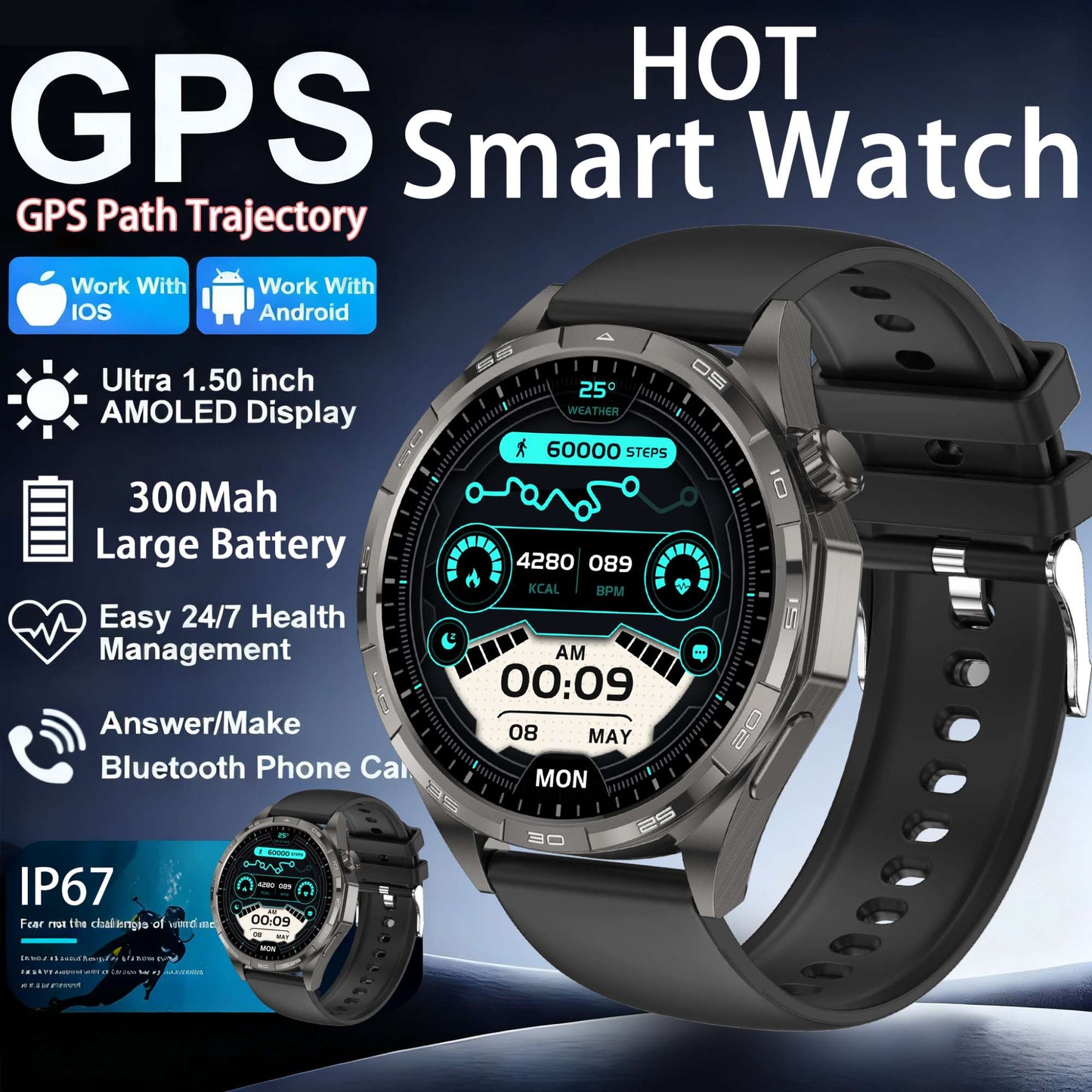 2026 Novo Smart Watch Masculino Relógio 6 AMOLED HD Tela Multi-Esporte Chamada Bluetooth GPS Trajetória Frequência Cardíaca Oxigênio no Sangue SmartWatches