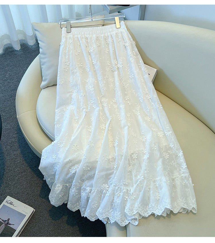 Casual sweet High Waist Chic floral lace Ruched loose Skirts Korean Fashion Office Lady Basics  Plus Size Clothing