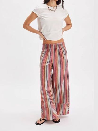 Fashion Printed Striped Wide-leg Long Pants Women's New Spring Autumn Loose Casual High-waisted Slimming Beach Long Pants Female