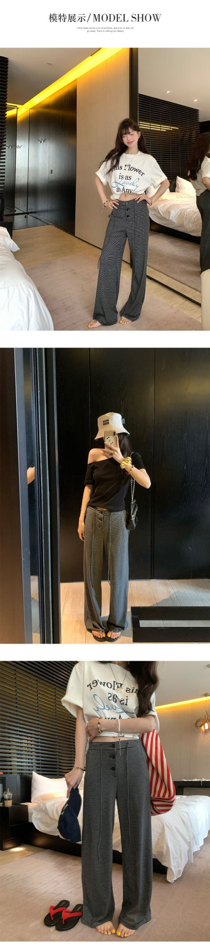 Baishiwang Silk Blend Knitted Pants Women's Summer Loose Casual Drape Long Striped Trousers Versatile Comfortable Long Pants