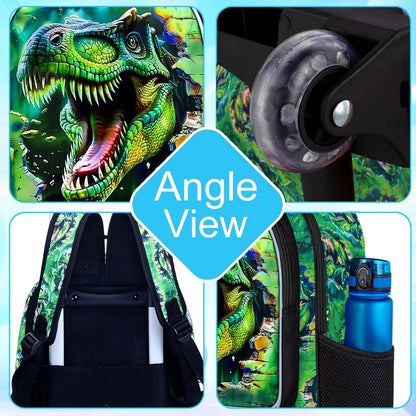 3Pcs Dinosaur Rolling Backpack for Boys, Kids School Backpacks with Wheels, Roller Bookbag for Elementary Preschool(Green)