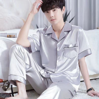 New Ice Silk Pajamas, Men's Summer Short-Sleeved Trousers, Thin High-End Simulated Silk Plus-Size Loose Loungewear Two-Piece Set