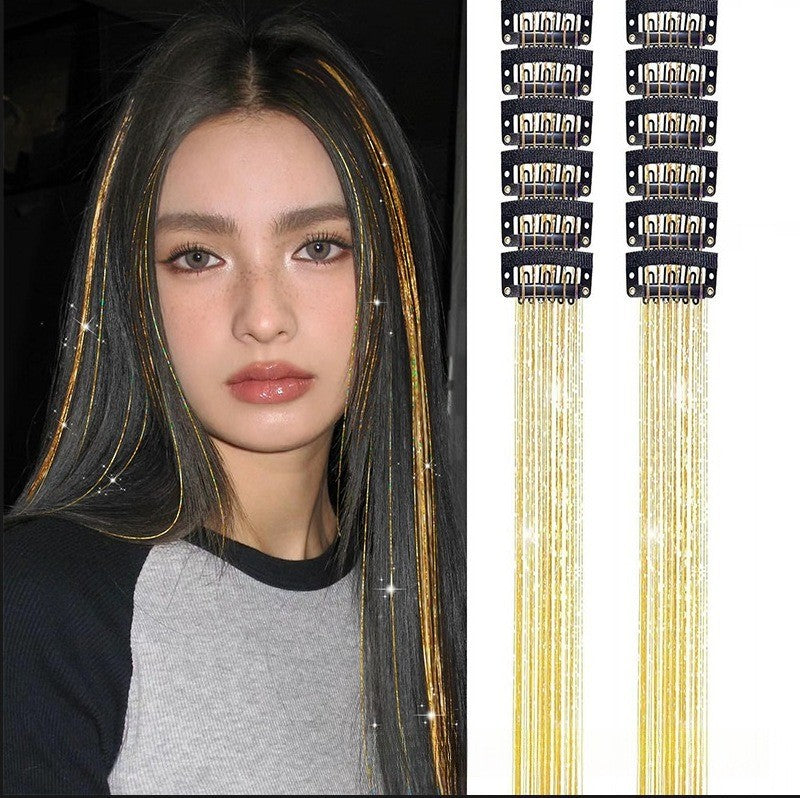 12Pçs Cabelo Sintético Tinsel 50cm com Presilha Glitter Tinsel Presilha de Cabelo Kit de Tinsel Resistente ao Calor Brilho Cintilante Cabelo de Fada
