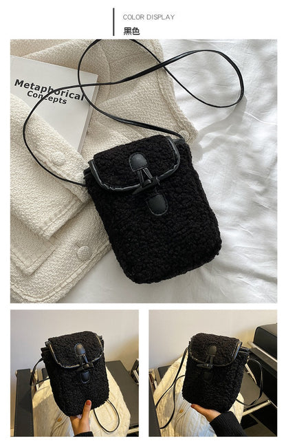 Fashion Winter Lambswool Phone Bag Sweet Lovely Portable Women Wallets Square Purse Faux Fur Plush Shoulder Bags Purses Handbags
