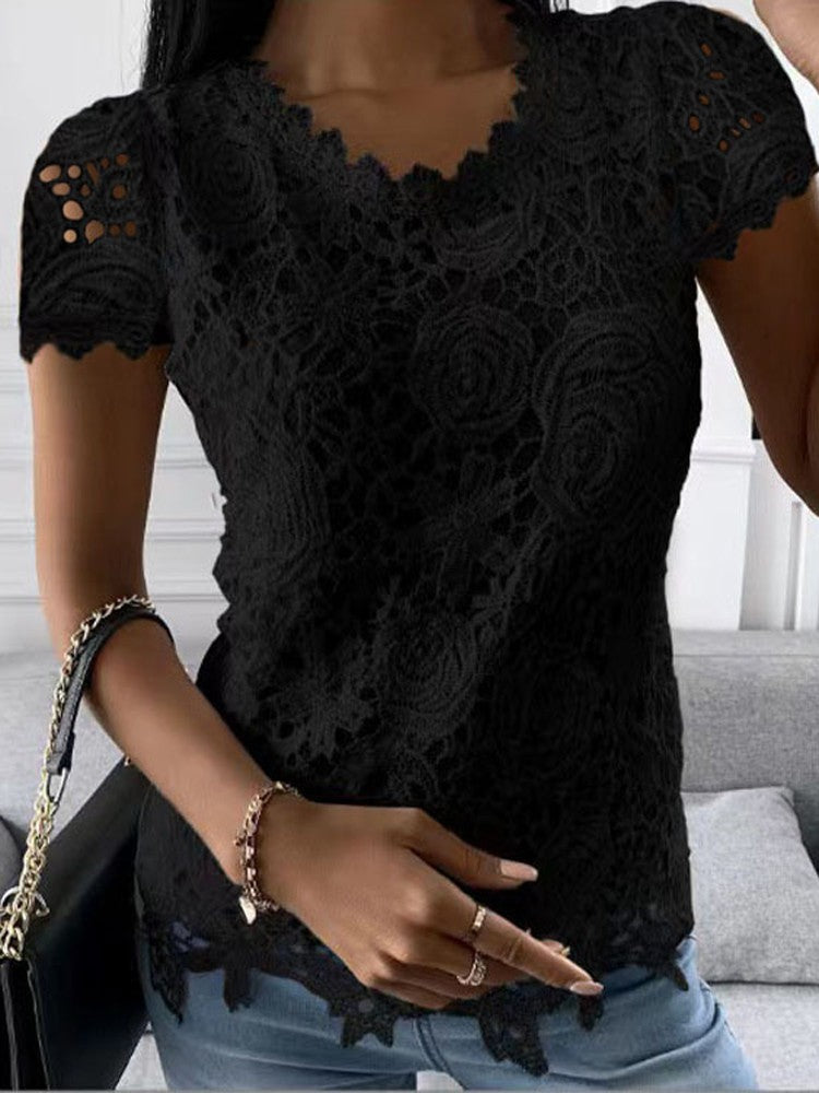 Women Lace Blouse Tops Summer V Neck Short Sleeve Lace Patchwork OL Blouse Shirts LRFZ-9911