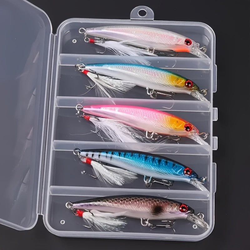 5pcs/set 9cm/6.5g Bionic Minnow Lure, Artificial Hard Bait With Feathered Sharp Hook, Outdoor Fishing Tackle