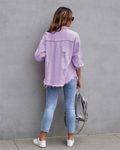 2023 Holes Raw-edges Denim Jacket Women Spring Autumn Shirt Style Jeancoat Casual Top Rose-Red Orange Purple Outerwear Lady Coat