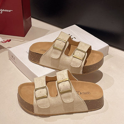 Bebealy Women's Sandals Soft-soled Platform Sandals Double Buckle Roman-style Belt-buckle Slippers Popular Slip-on Flat Slippers