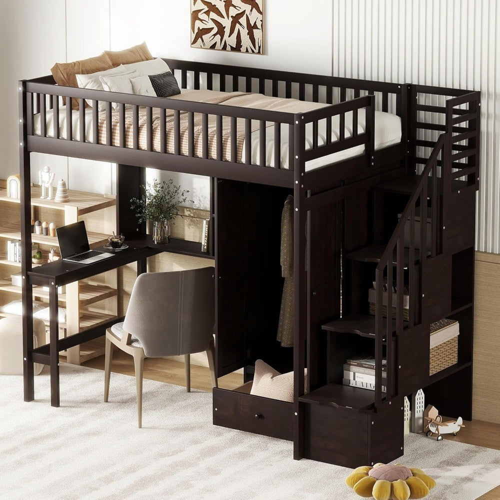 Designs Twin Loft Bed with Stairs, Wardrobe, Desk, Bookshelf and Drawers, Solid Wood Loft Bed Frame with Storage - Espresso