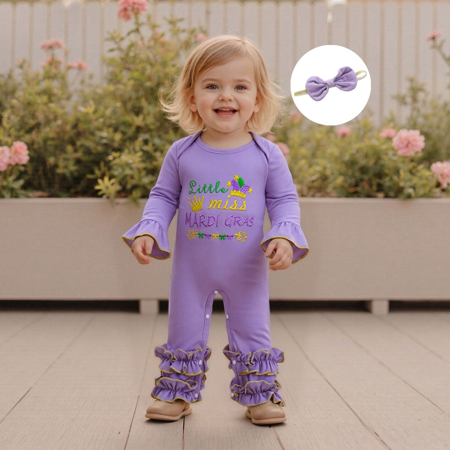 Suefunskry Baby Girl Mardi Gras Themed Romper Letter Crown Embroidery Long Sleeve Round Neck Jumpsuit with Bow Headband