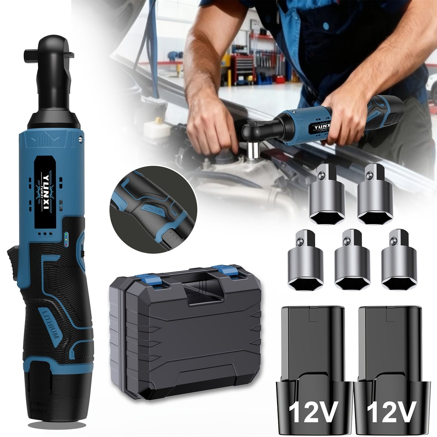 Conjunto de chave catraca elétrica sem fio, chave catraca elétrica sem escova, kit de catraca sem fio 12V, parafuso e porca para reparo automotivo