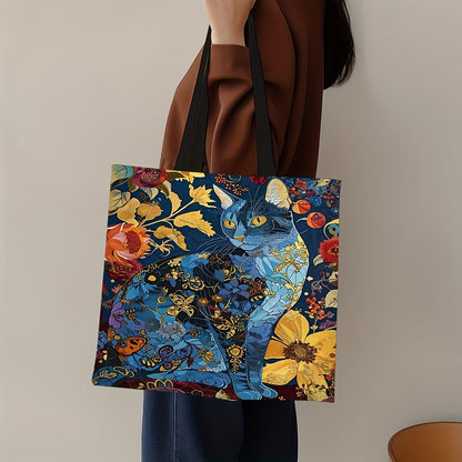 1pc Abstract Cat Tote Bag Cute Quirky Small Animal Shoulder Bag Printed Linen Eco Handbag Shopping Office Reusable Casual Bags