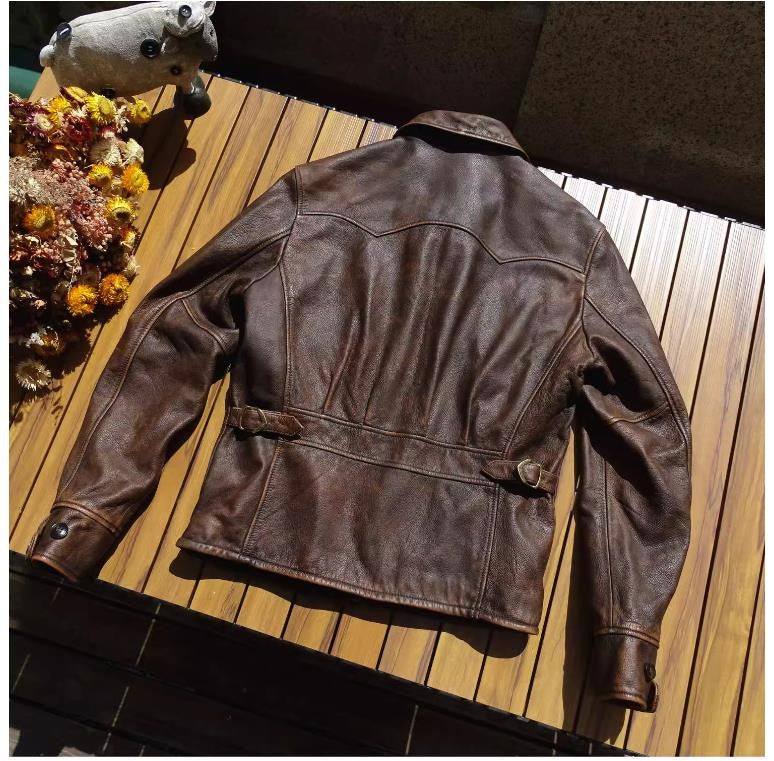 YR!Wholesales.Retro 1930 quality natural cowhide jacket.Vintage brown genuine leather coat.Slim fit.Classic Rider leather cloth
