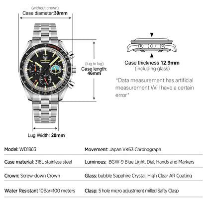 Watchdives WD1863 Mechanical Quartz Watches Black Spaces VK63 Chronograph Sports Watches Man Bubble Sapphire Waterproof Watch