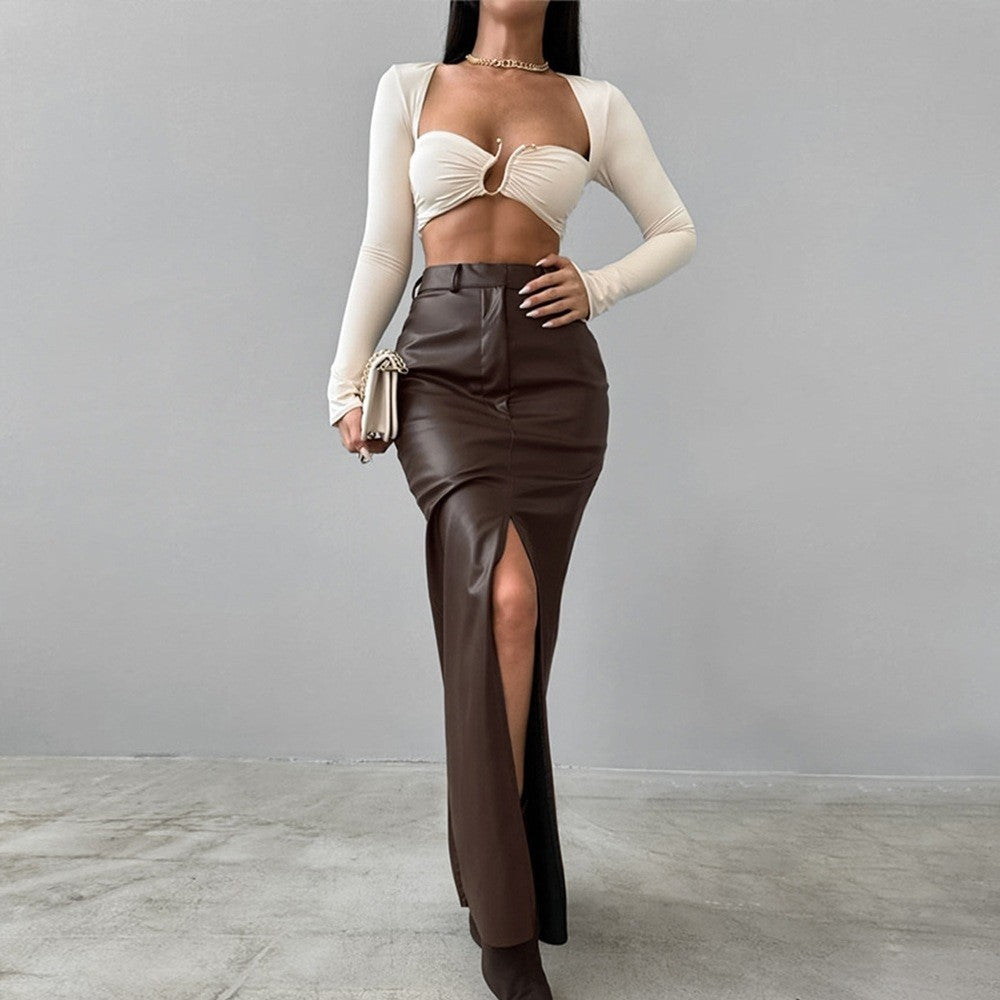 Women High Waist PU Leather Skirts Ladies Solid Slim Maxi Long Skirts