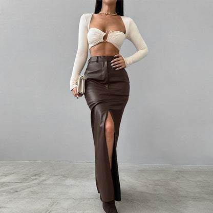 Women High Waist PU Leather Skirts Ladies Solid Slim Maxi Long Skirts
