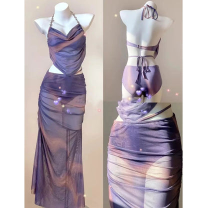 2024 New Three-Piece Bikini Set Beach Vacation Hot Spring Trip Slimming Long Skirt Separate Swimsuit Meat Concealing Photography