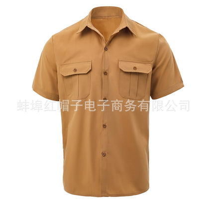 New 2025 Men's Summer Short Sleeve Solid Safari Shirt Loose Casual Cargo Shirt Double Pocket Lapel Button-up Men Work Shirt Tops