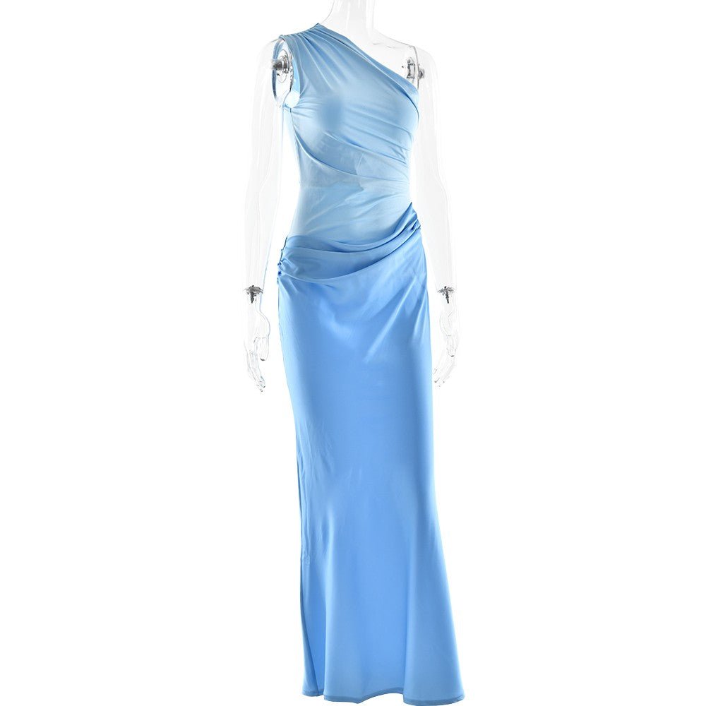 JULISSA MO Patchwork Satin Sexy One Shoulder Women Maxi Dress Brown Sleeveless E
