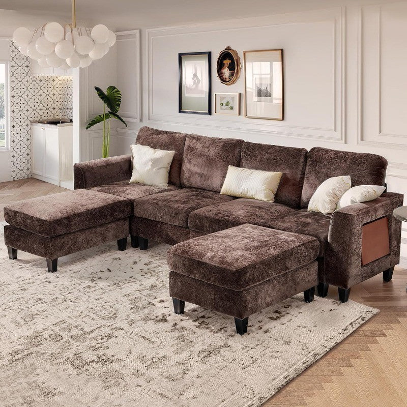 118" U-Shaped Sectional Couch, 4-Seat Modular Sofa with 2 Ottomans and Foldable Side Table, Brown for Living Room