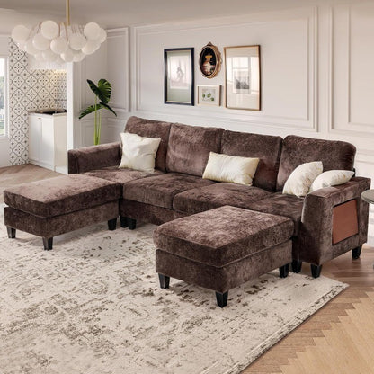 118" U-Shaped Sectional Couch, 4-Seat Modular Sofa with 2 Ottomans and Foldable Side Table, Brown for Living Room