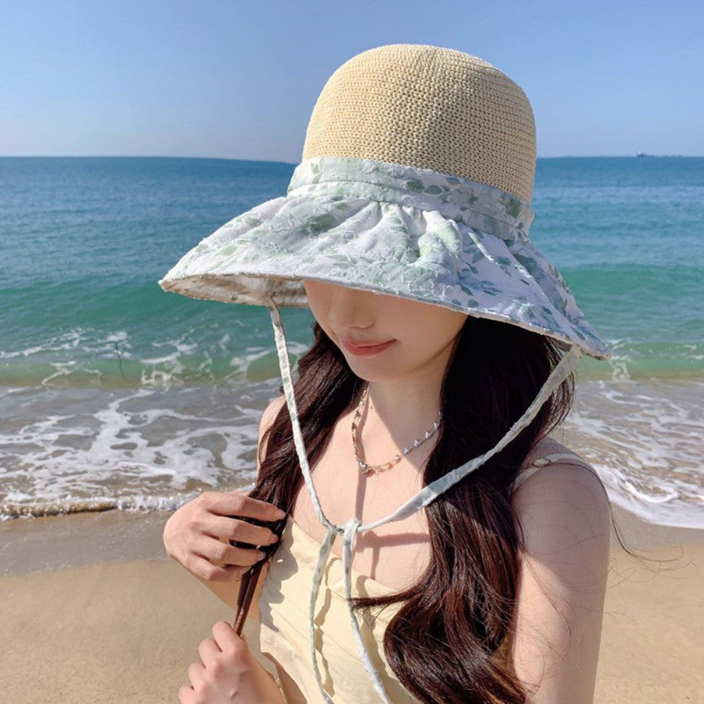 Fashion Flower Print Straw Hat Sun Protection Wide Brim Beach Hat Can Be Used As Bag Breathable Visor Hat Outdoor