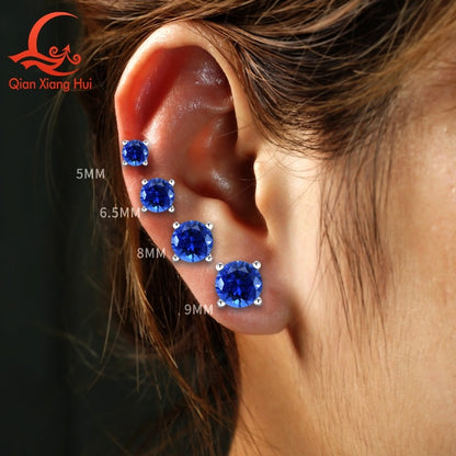 Lab Created Royal Blue/Cornflower Blue Sapphire Ear Stud 5-9mm with Inclusions Round Shape S925 Silver Earrings Jewelry