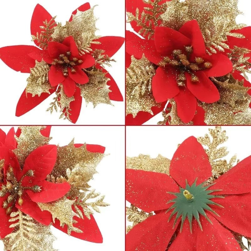 10PCS Glitter Artificial Christmas Flowers for Xmas Tree Ornament Fake Flower Floral with Clips New Year Party Home Decoration