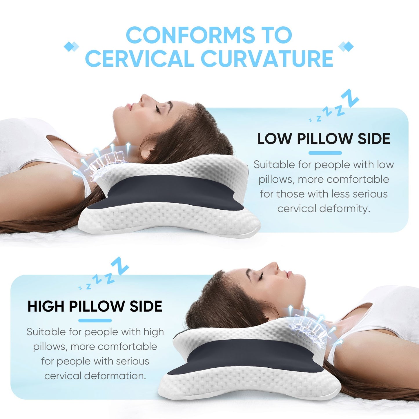 Ergonomic Cervical Pillow Memory Foam Pillow Neck Pain Relief Comes Ice Silk Pillowcase Adjustable  for Back Side Sleepers Gifts