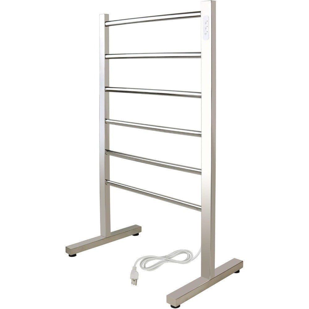 6-Bar Freestanding Electric Towel Warmer in Polished Stainless Steel with Built-In Timer for Luxurious Bathroom Experience