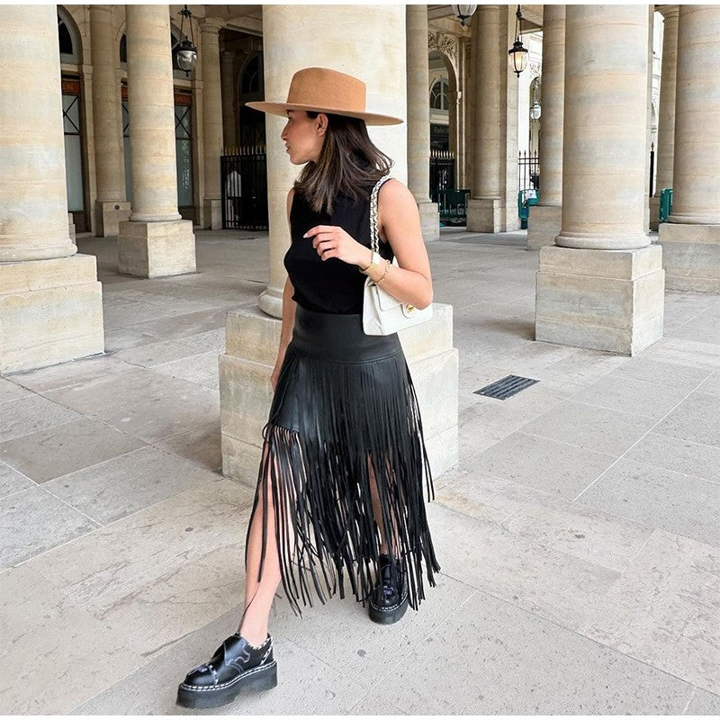 Tassel Leather Midi Skirt Women Solid High Street High-waist A-line Bodycon Long Skirts Spring Summer 2026 Chic All-match Outfit