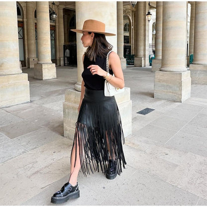 Tassel Leather Midi Skirt Women Solid High Street High-waist A-line Bodycon Long Skirts Spring Summer 2026 Chic All-match Outfit