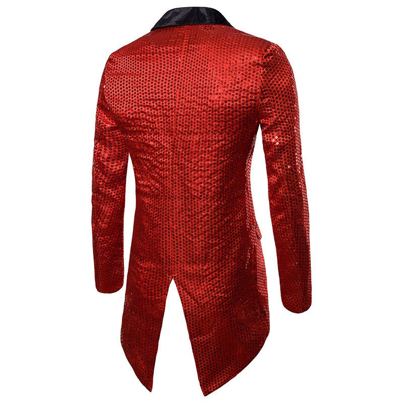 Gold Men's V-Neck Long Sleeve Tuxedo, TV Performance Magic Long Jacket Shiny Sequin Decoration Red Blue Black Blazer S-XXL