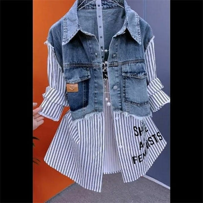 Women Denim Jacket Fake Two Denim Shirts 2025 New Spring Summer Autumn Casual Fashion Joker Stitching Striped Tops Coat Female