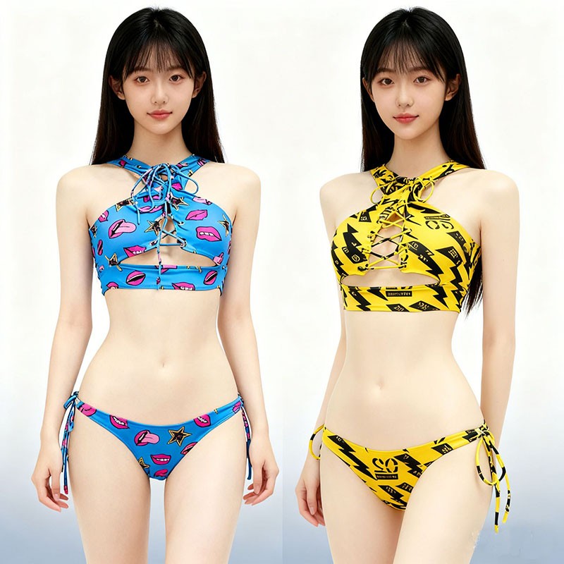 Anime Beach Girl Red Lip And Yellow Danger Warning Line Uniform Printing Bikini Swimsuit Underwear Women Outfits Cosplay Costume