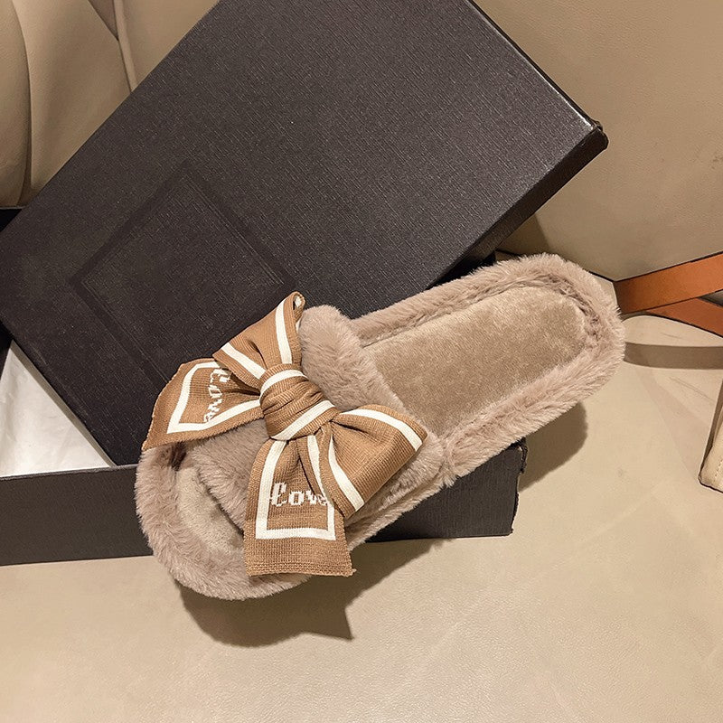 Casual Fluffy Slippers Women House Flats Fashion Winter Bowknot Love Designer Shoes Ladies Home Plush Platform Elegant Footwear
