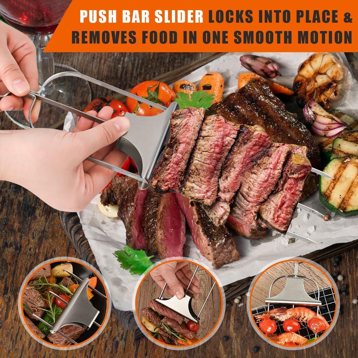 3Pcs Skewer Sticks Kabob Sticks for Grilling 14'' 3 Way Grill Skewers Metal Barbecue Skewers with Push Rod Sliders BBQ Accessory