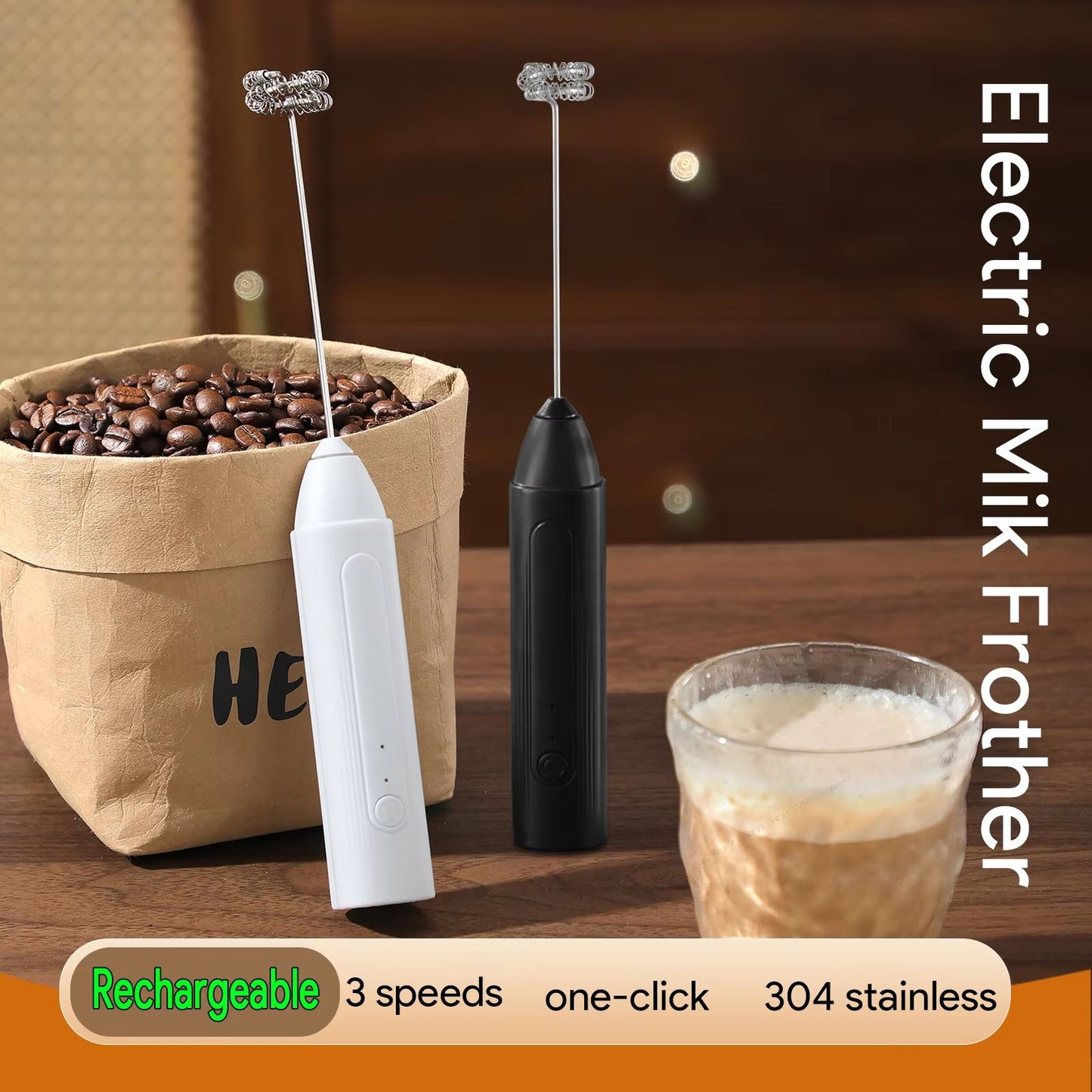 Electric milk frother, handheld egg beater, 3-speed portable dessert beverage coffee machine, mini home kitchen mixer