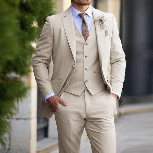 3 Pieces Beige Suits for Men Fashion Slim Fit Blazer Vest Pants Set Formal Business Wedding Tuxedos for Men Casual Clothing