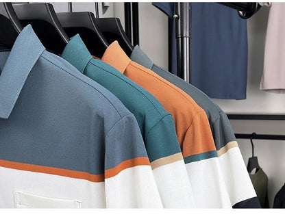 High-quality short sleeve polo shirt men fashion color striped pocket design summer new breathable trendy casual lapel T-shirt
