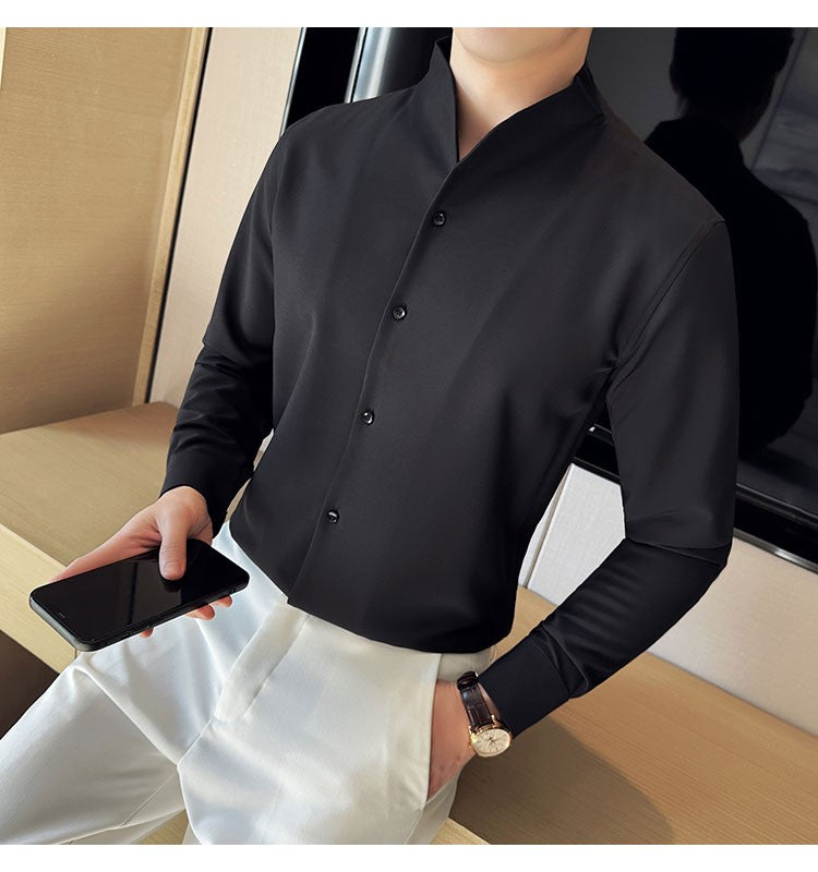 Advanced Sexy V-neck Men's Long Sleeved Shirt Designer Stand Up Collar Shirt Business Social Slim Fit Black and White Top